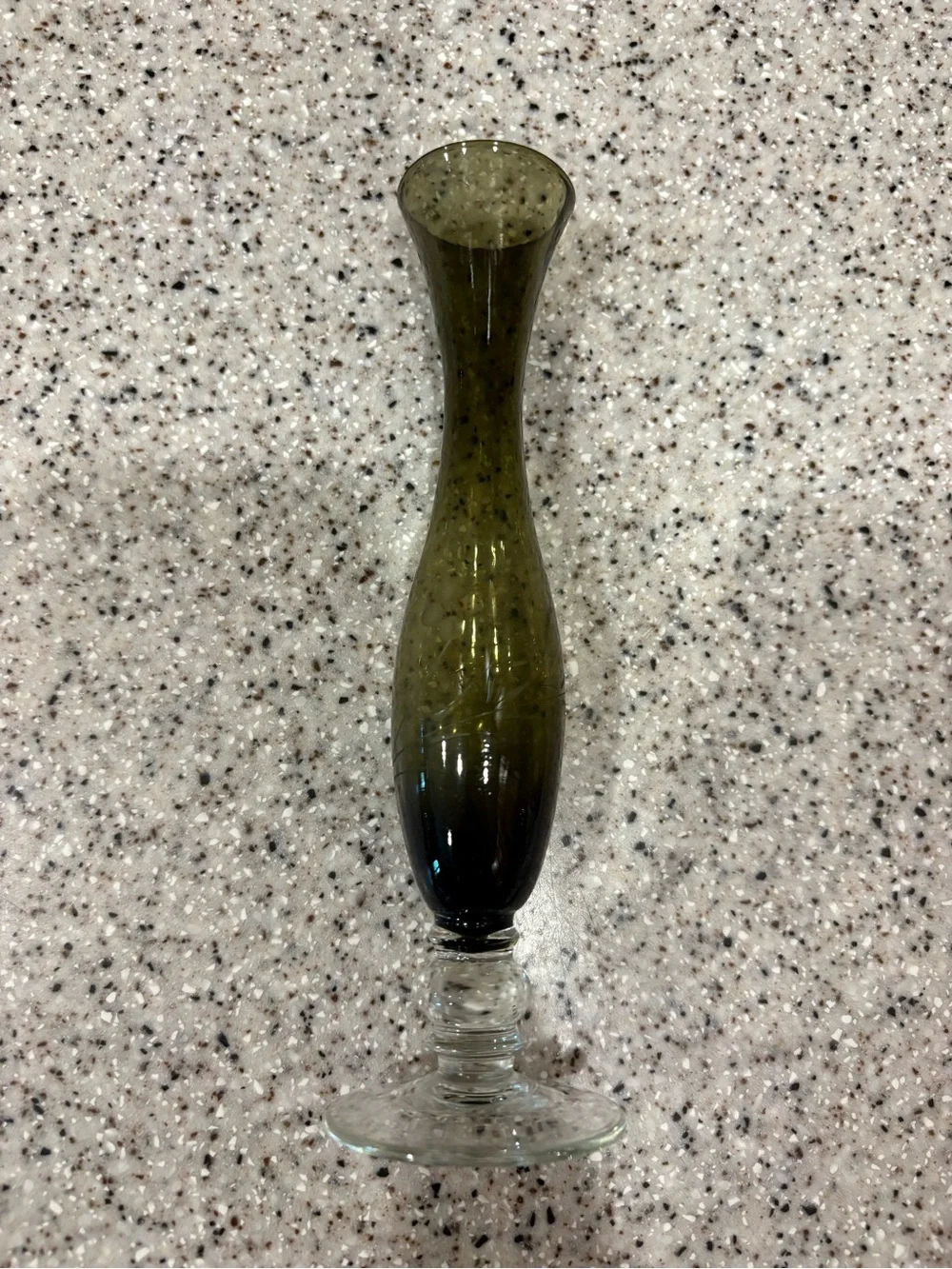 Vintage Olive Green Blown Glass Footed Vase Etched Flower